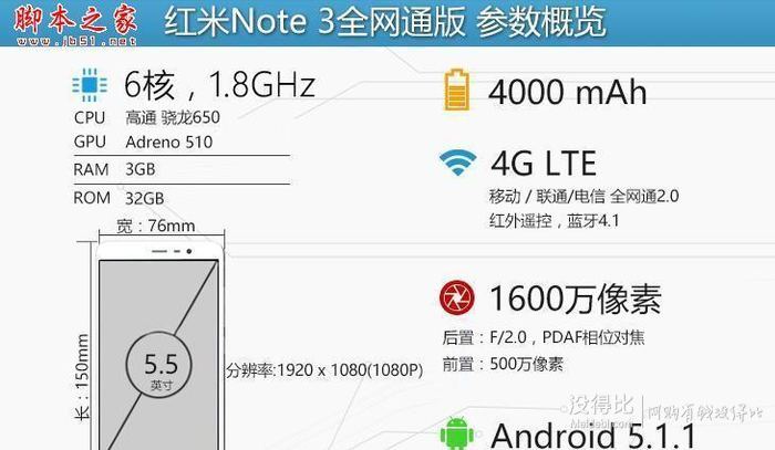 红米note 3全网通版的具体配置参数,如下所示